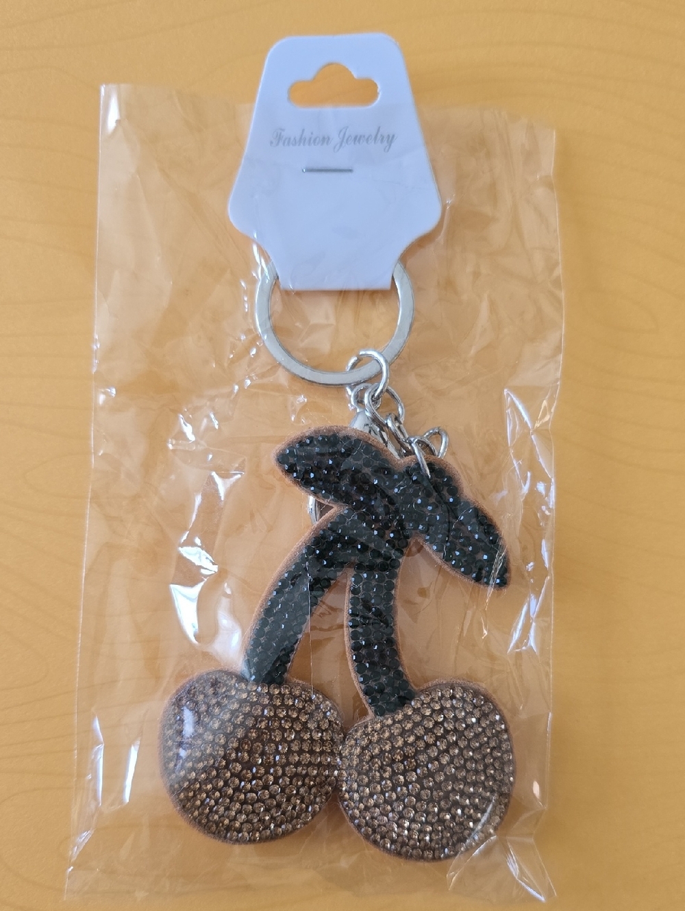Rhinestone Cherry Keychain - Black & Gold